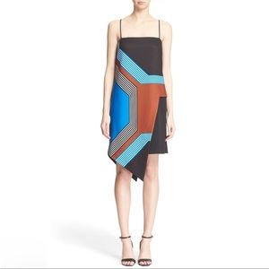 Milly Black, Blue & Rust Geometric Asymmetrical Slip Dress
